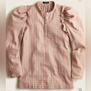 J. Crew Pink Plaid Puff Sleeve Ruffle Cottagecore Prairie Shirt